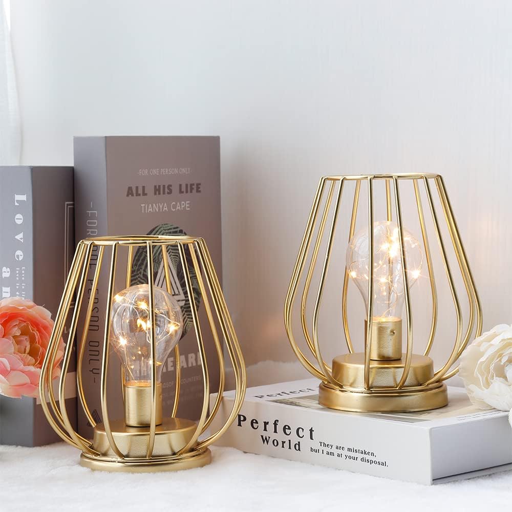 TRIROCKS Set of 12 Metal Battery Operated Lamp 7'' Tall Mini Cage Shape Cordless Table Lamp Battery Lanterns with Warm Fairy Lights Bulb for Patio Garden Wedding Parties Indoor Outdoor(Gold)