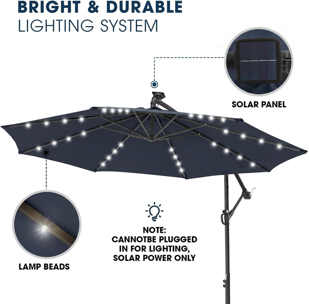 wikiwiki 10ft Solar LED Patio Umbrella with Base Included, Offset Umbrella with Weighted Sandbag Base, Cantilever Patio Umbrella for Backyard, Garden & Deck, 32 LED Lights & Polyester Shade, Navy Blue