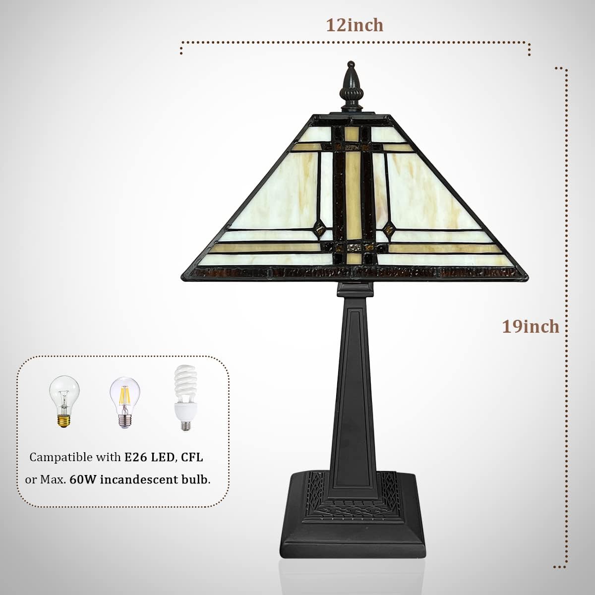 Capulina Tiffany Lamp Stained Glass Table Lamp 12x12x19 Inches Cream Color Tiffany Style Desk Reading Lamp Decor for Home Office Bedroom Living Room