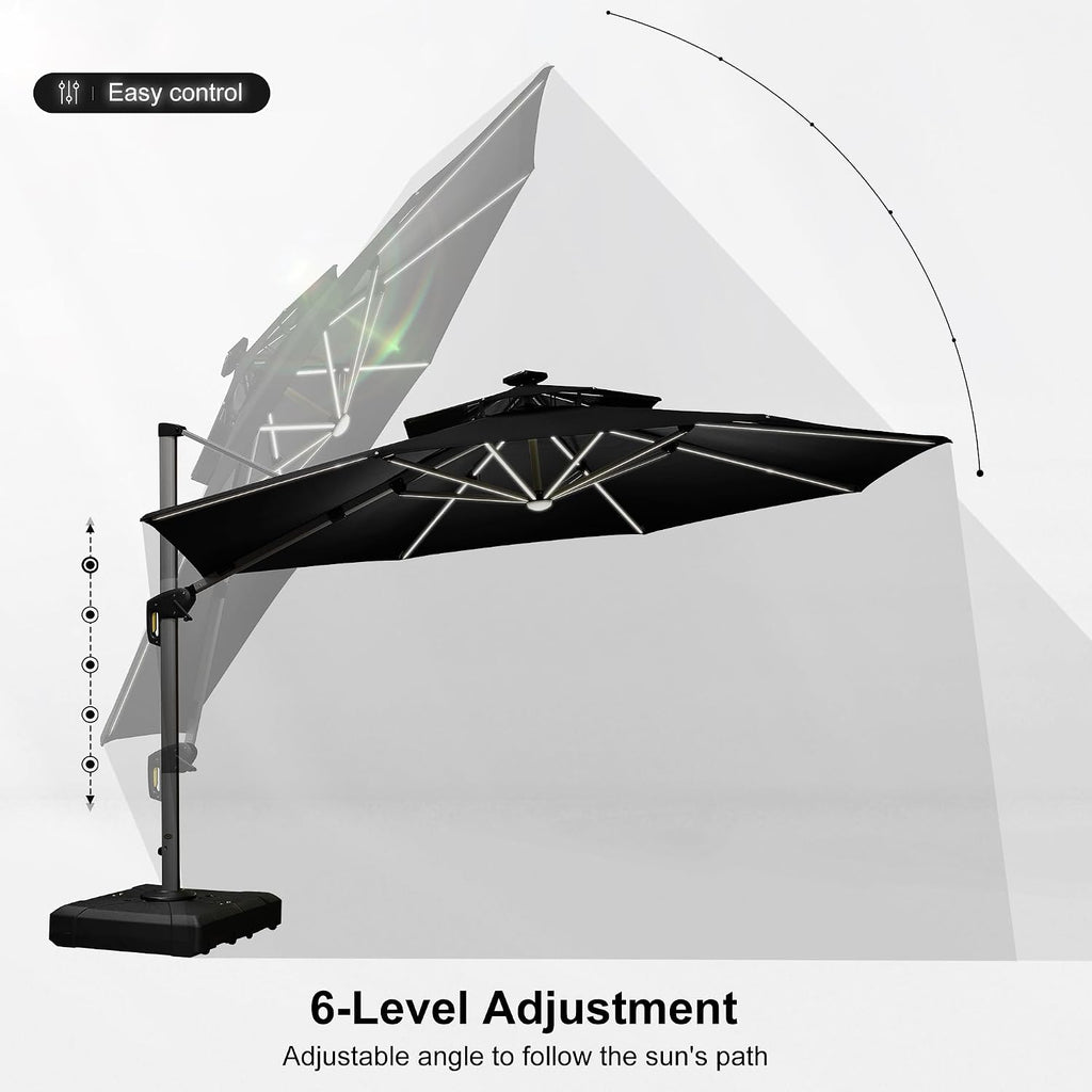 PURPLE LEAF 12ft Solar powered LED Patio Umbrella Outdoor Round Umbrella Large Cantilever Umbrellas with LED lights Windproof Offset Umbrellas Heavy Duty Sun Umbrella for Garden Deck Pool Patio, Black