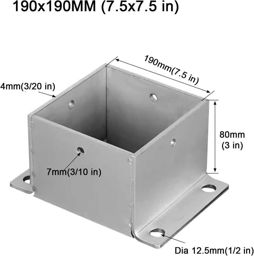 Square Post Flange Base Floor Post Flange 2x2 3x3 4x4 5x5 6x6 7x7 8x8in Pergola Fence Hardware Kit with Screws Fitting Metal Fence Post Support for Concrete Wood Deck Mailbox(190x190 mm(7.5x7.5 in))