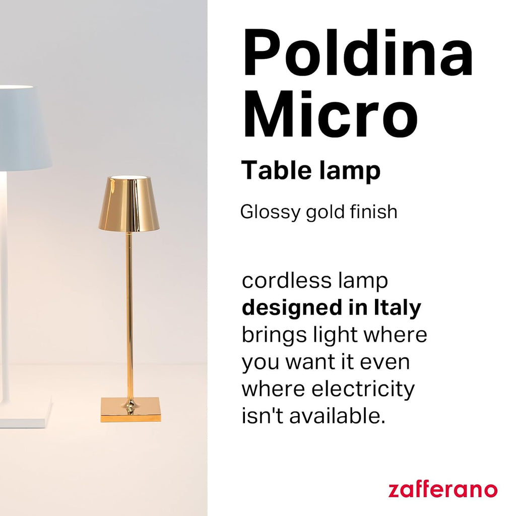 Zafferano, Poldina Micro Lamp with Glossy Gold Finish, Rechargeable Cordless Table Lamp with Touch Controls, Usable as an Indoor Lamp, Dimmer, 2200-3000 K, Height 10.8 Inches