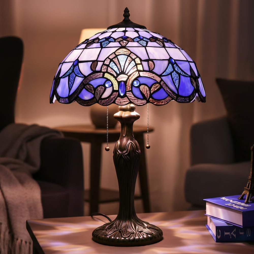 Stained Glass Table Lamp, Adjustable 3 Color Temperature,Blue Baroque Style Lampshade & Plant Texture Curve Antique Base Desk Reading Light 16X16X24 Inches Decor for Bedroom Living Room Office