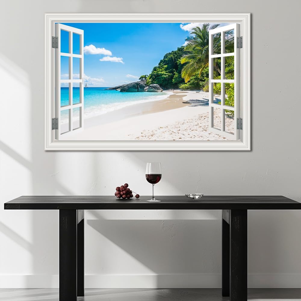 Beach Wall Art Pictures Decor for Living Room Fake White Window Frame Style Blue Ocean Canvas Wall Painting Theme for Bedroom Extra Large Tropical Palm Tree Art Pirnts Coastal Seascape Artwork for Home Office Basement Decorations32x48inch