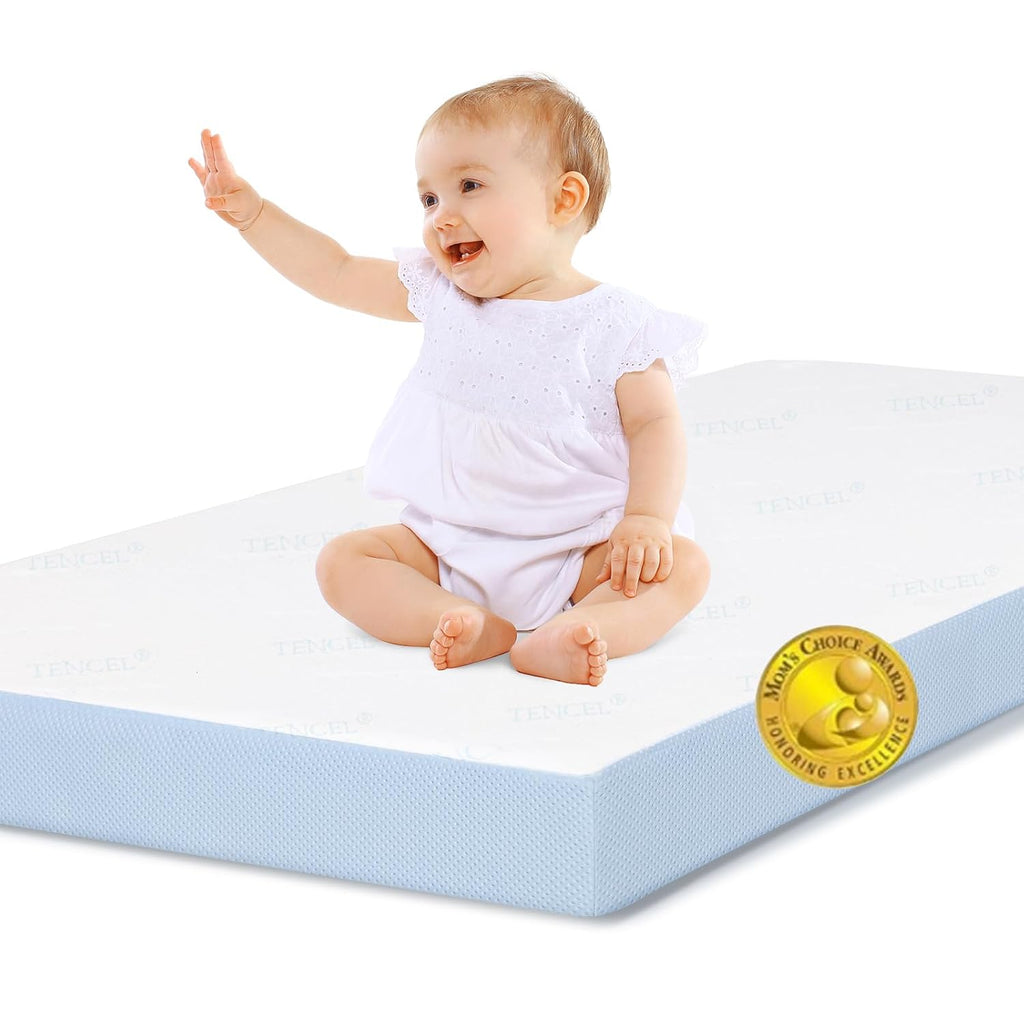 Babelio Toddler Mattress for Crib Memory Foam 2 Stage Standard Size, with Removable Waterproof Tencel Cover Blue and White