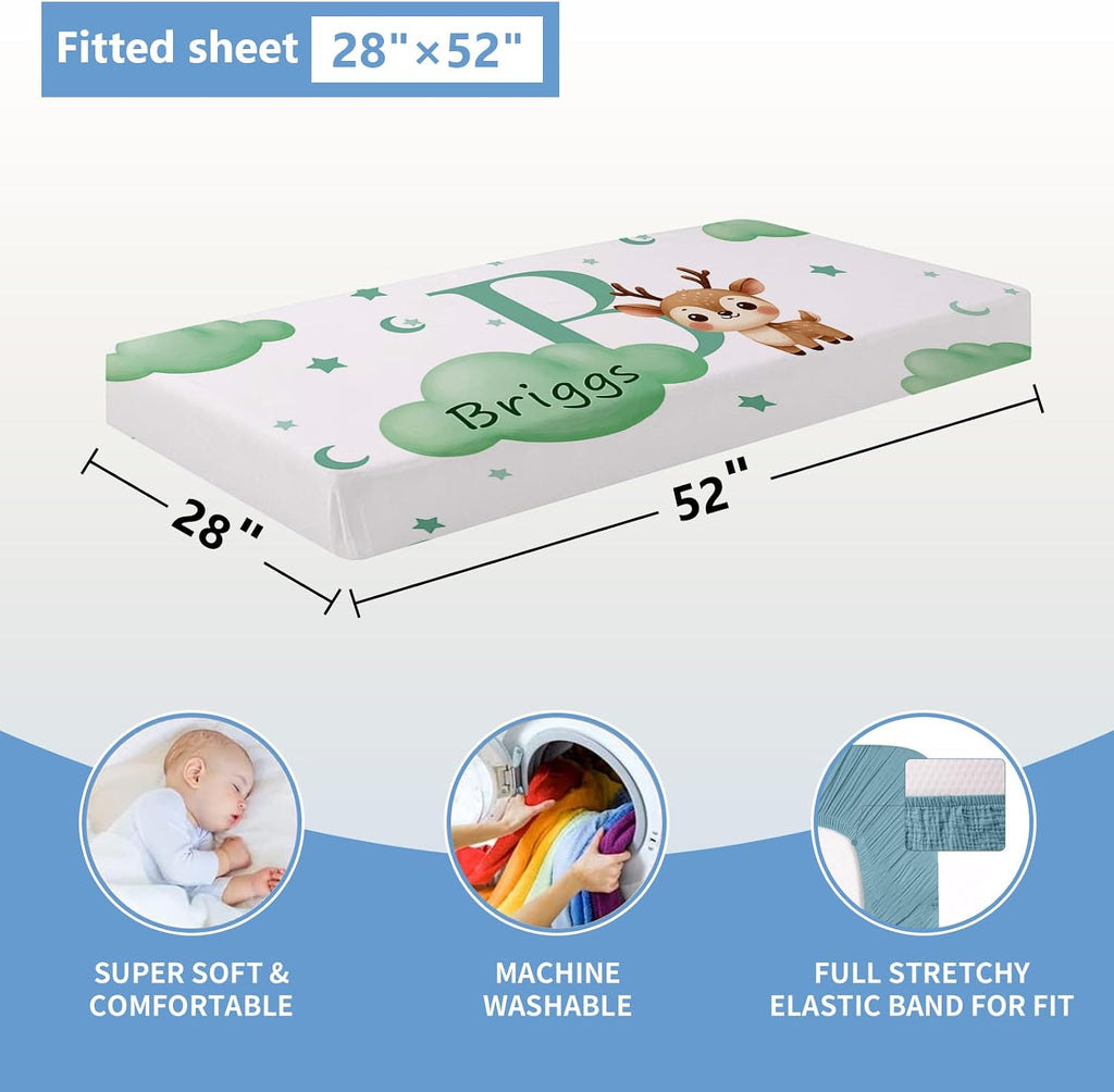 KAINSY Custom Crib Bedding Set, 5 Pcs Personalized Name Monogram Baby Crib Sets for Infants Toddlers, Green Deer Nursery Bedding Set for Boys Girls, Double Layer Baby Bedding Sets Customized Gifts