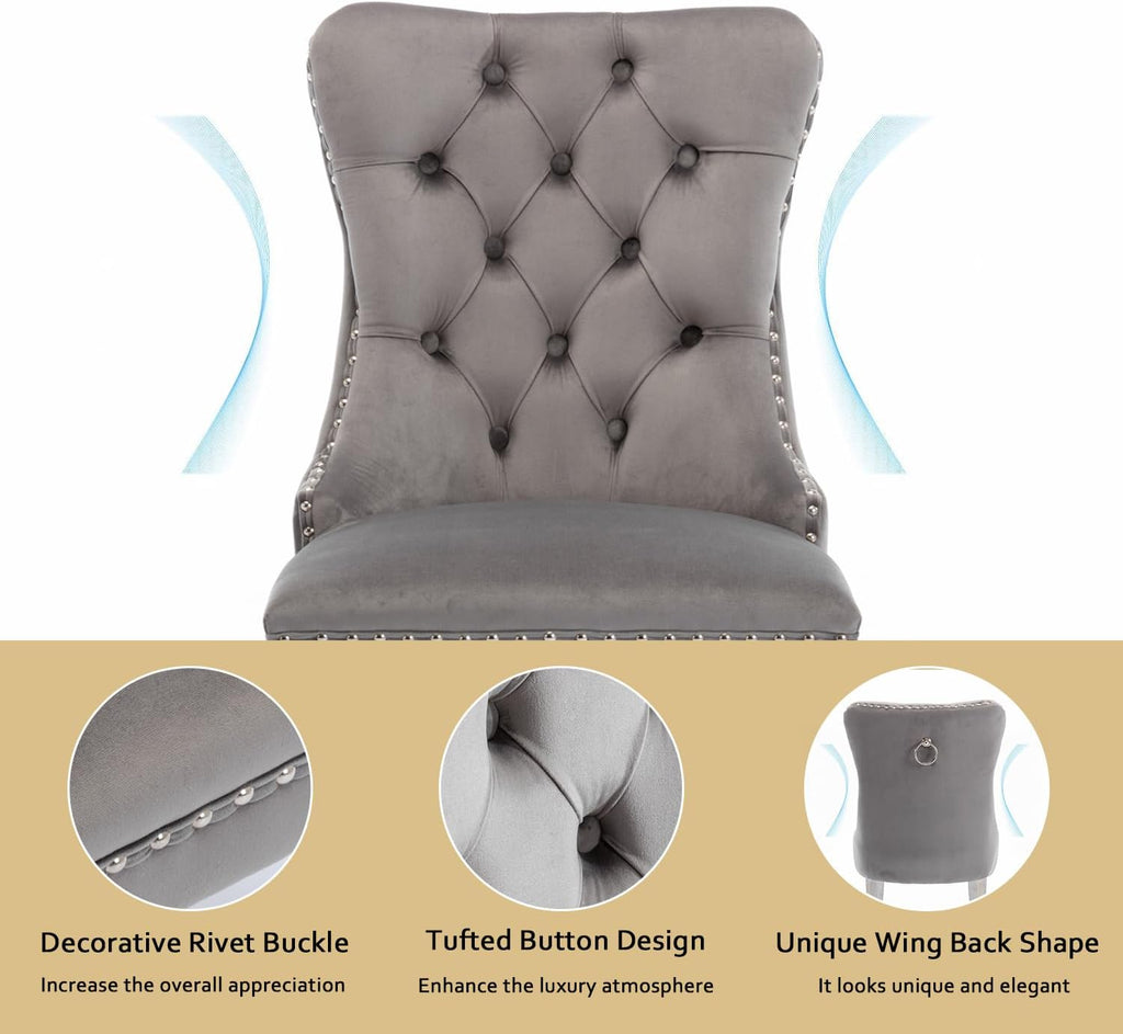 2 Piece Contemporary Velvet Upholstered Dining Chair with Chrome Stainless Steel Plating Legs, Nail Head Decro, Armless Tufted Dining Chair Fabric Dining Room Chair (Gray&Silver, Set of 2)