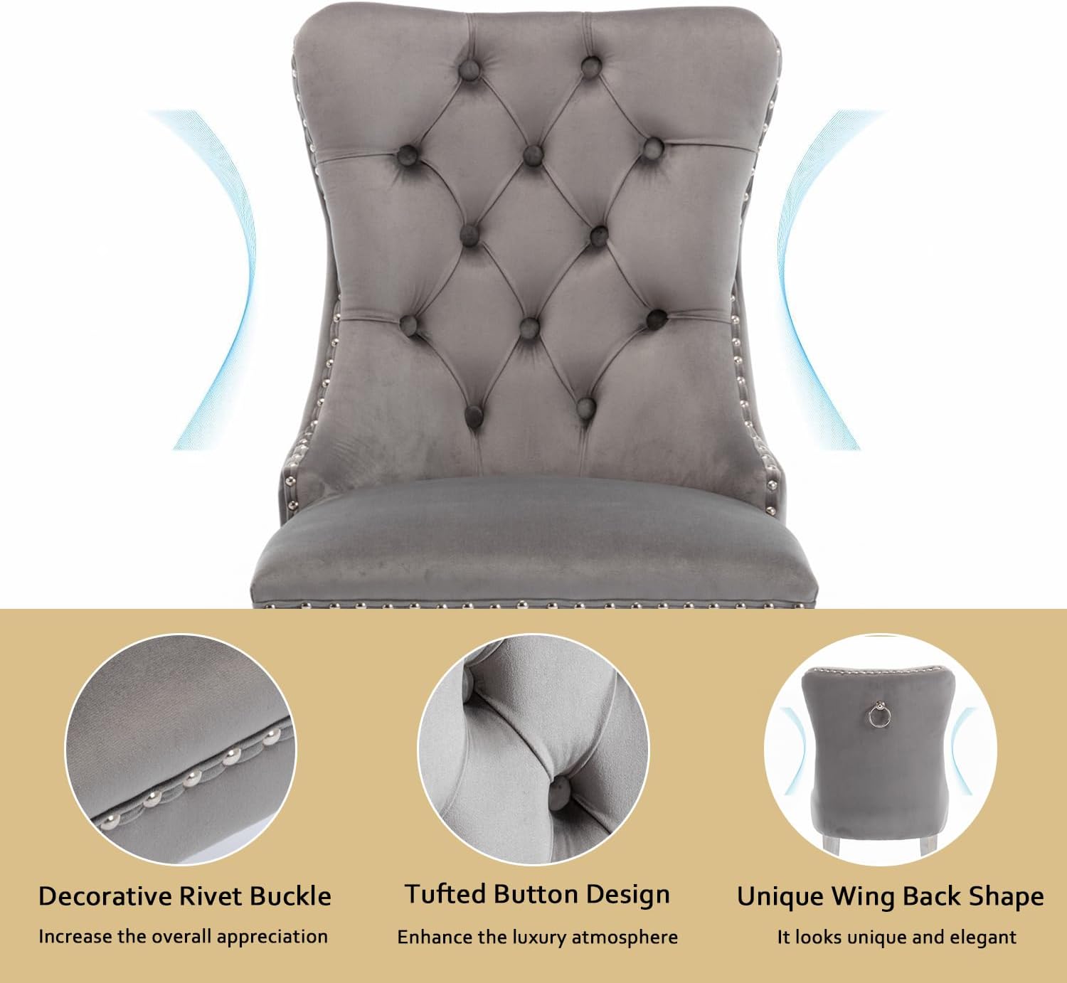2 Piece Contemporary Velvet Upholstered Dining Chair with Chrome Stainless Steel Plating Legs, Nail Head Decro, Armless Tufted Dining Chair Fabric Dining Room Chair (Gray&Silver, Set of 2)