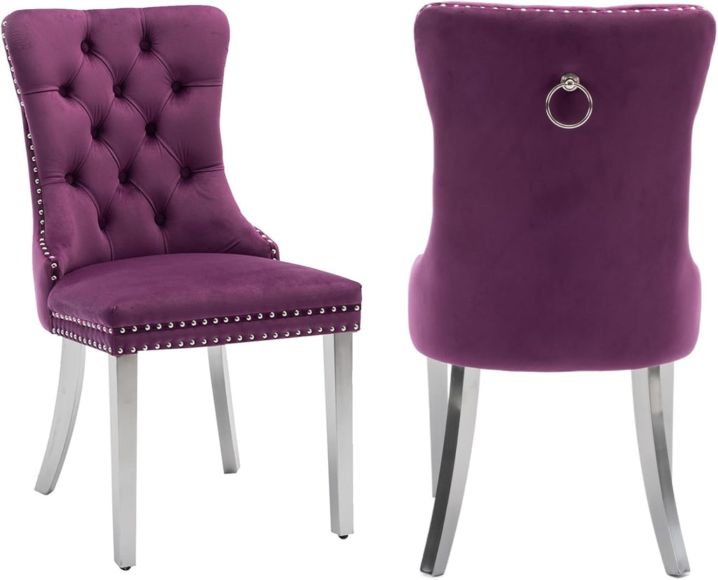 2 Piece Contemporary Velvet Upholstered Dining Chair with Chrome Stainless Steel Plating Legs, Nail Head Decro, Armless Tufted Dining Chair Fabric Dining Room Chair (Purple&Silver, Set of 2)