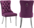 2 Piece Contemporary Velvet Upholstered Dining Chair with Chrome Stainless Steel Plating Legs, Nail Head Decro, Armless Tufted Dining Chair Fabric Dining Room Chair (Purple&Silver, Set of 2)