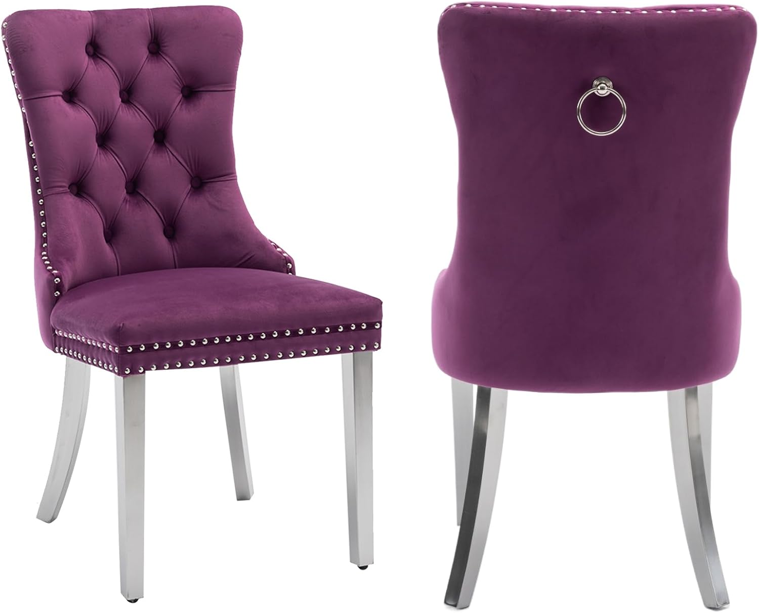 2 Piece Contemporary Velvet Upholstered Dining Chair with Chrome Stainless Steel Plating Legs, Nail Head Decro, Armless Tufted Dining Chair Fabric Dining Room Chair (Purple&Silver, Set of 2)