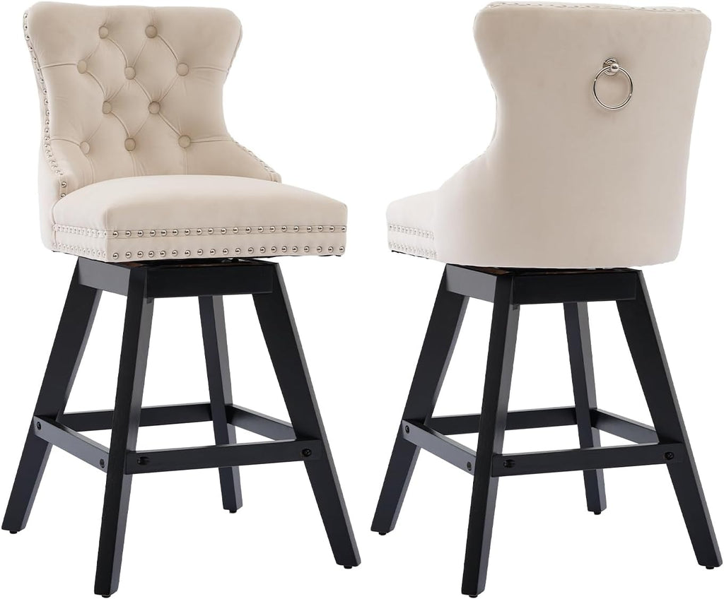 Velvet Bar Stools Set of 2, Modern Swivel Counter Height Stools, Upholstered Kitchen Island Chairs with Button Tufted Back, Rivet Trim, Solid Wood Legs, 26' H Seat, Beige