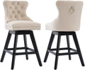 Velvet Bar Stools Set of 2, Modern Swivel Counter Height Stools, Upholstered Kitchen Island Chairs with Button Tufted Back, Rivet Trim, Solid Wood Legs, 26' H Seat, Beige