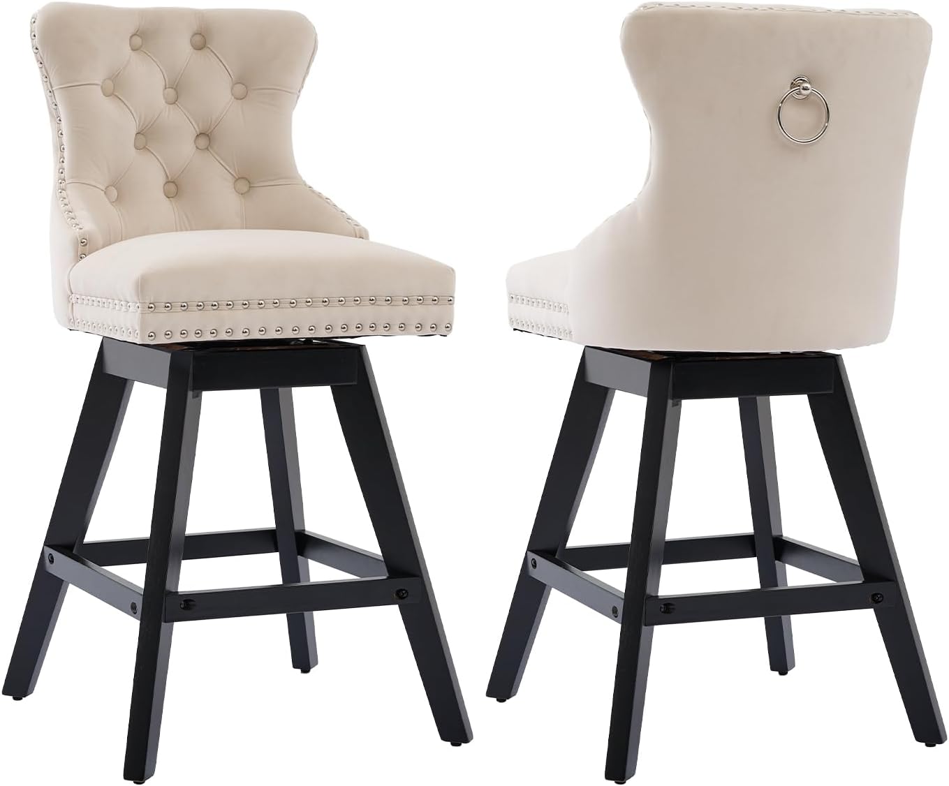 Velvet Bar Stools Set of 2, Modern Swivel Counter Height Stools, Upholstered Kitchen Island Chairs with Button Tufted Back, Rivet Trim, Solid Wood Legs, 26' H Seat, Beige