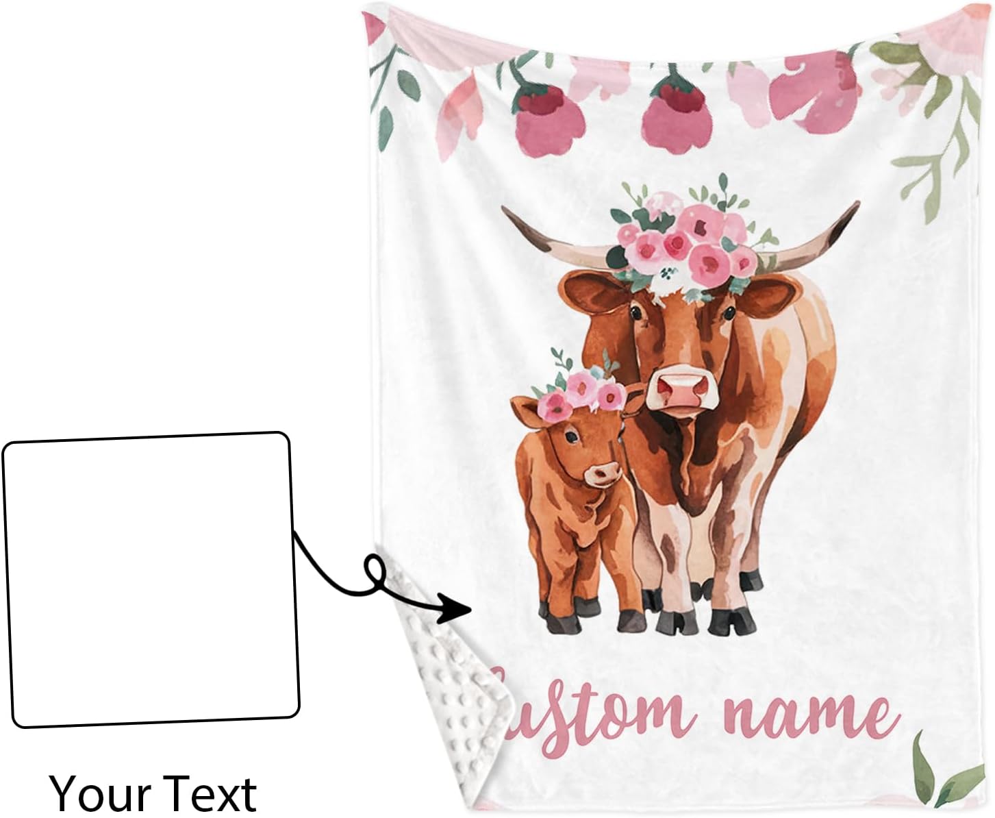 Personalized Nursery Crib Bedding Set: Custom Name Pink Flower 5 Piece Baby Crib Sets with Highland Cow Pattern - Toddler Double Layer Blanket Set, Comfortable Crib Bed Sheets for Baby Grils