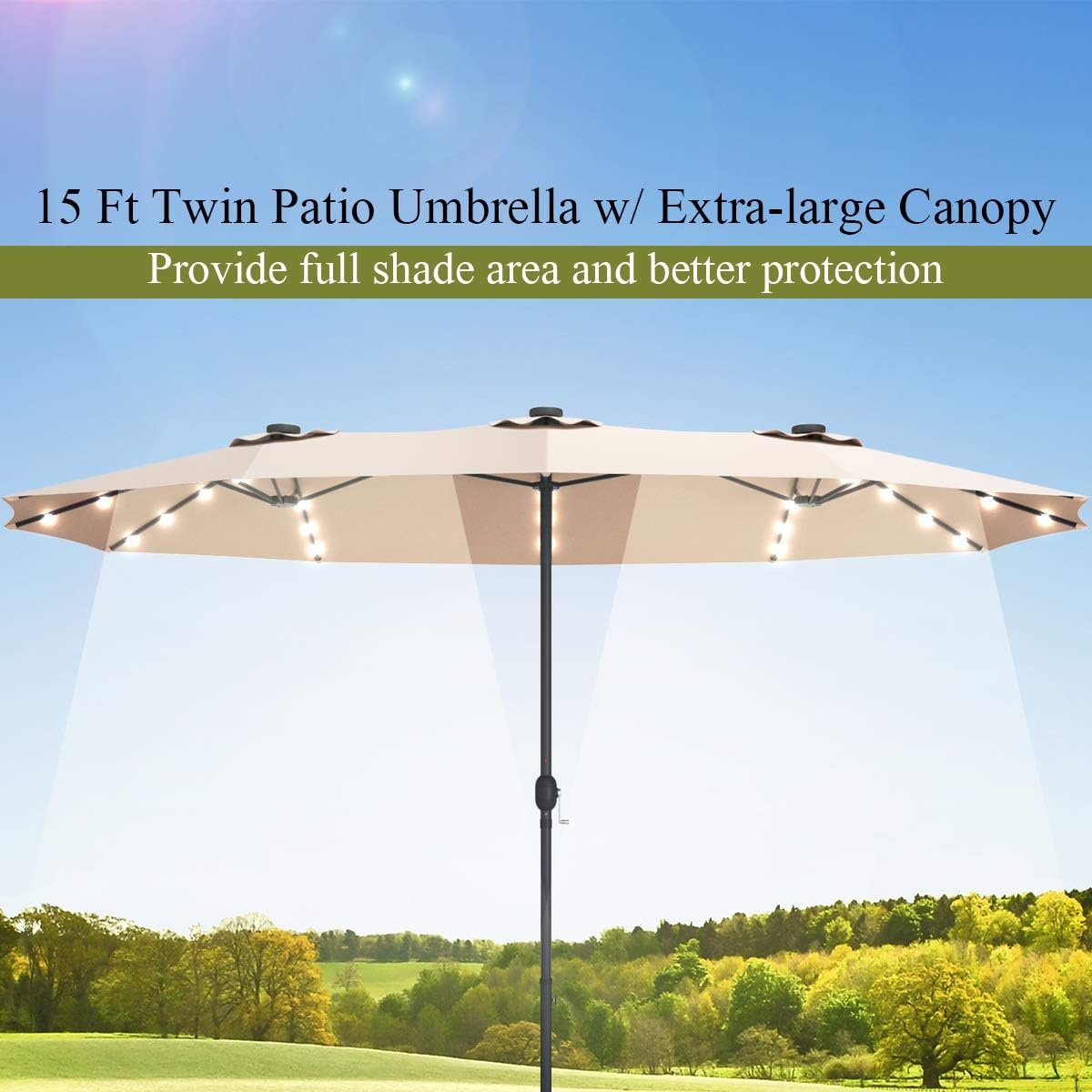 Tangkula 15 Ft Double Sided Patio Umbrella with Solar Lights, Extra Large Rectangle Outdoor Umbrella with 36 LED Lights & Crank Handle for Deck, Poolside, Garden, Backyard (Beige)