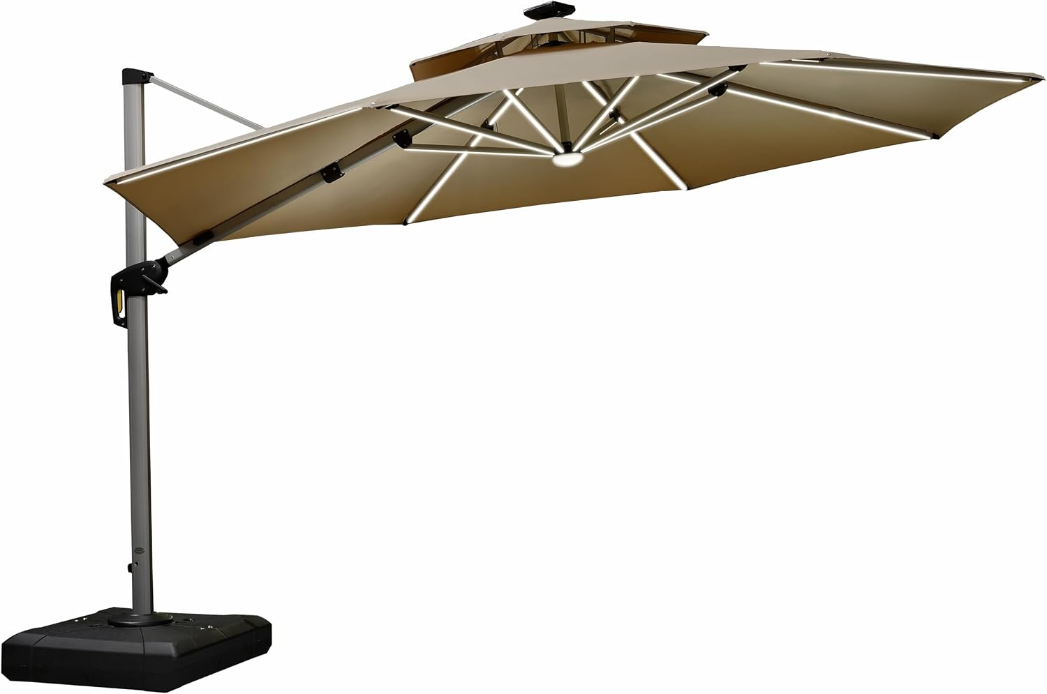 PURPLE LEAF 12ft Solar powered LED Patio Umbrella Outdoor Round Umbrellas Large Cantilever Umbrellas with LED lights Windproof Offset Umbrella Heavy Duty Sun Umbrella for Garden Deck Pool Patio, Beige