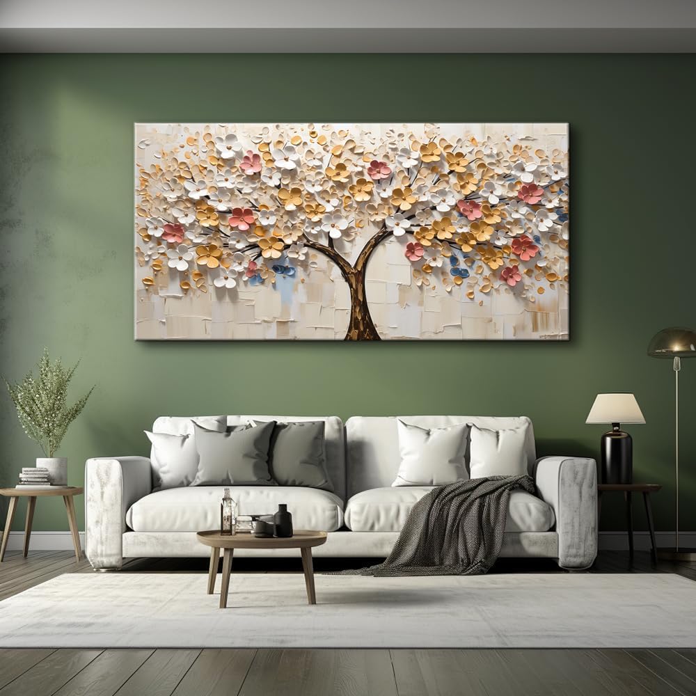 LASMOND Abstract Wall Art Teal Nature Tree of Life Canvas Painting Picture, Modern Large Panoramic Landscape Artwork Framed for Bedroom Living Room Bathroom Office Home Decor (30x60 Inches)