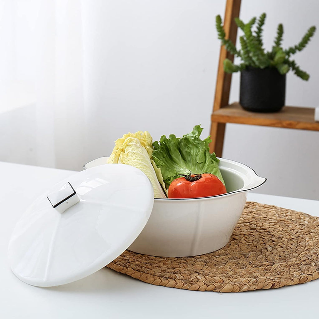 Japanese Style Tableware Household 10 Inch Ceramic Bowls Anti-scalding Binaural Soup Bowl With Lid 2500ML Large Capacity Ramen Bowls - White (Size : 25.4 * 15cm)