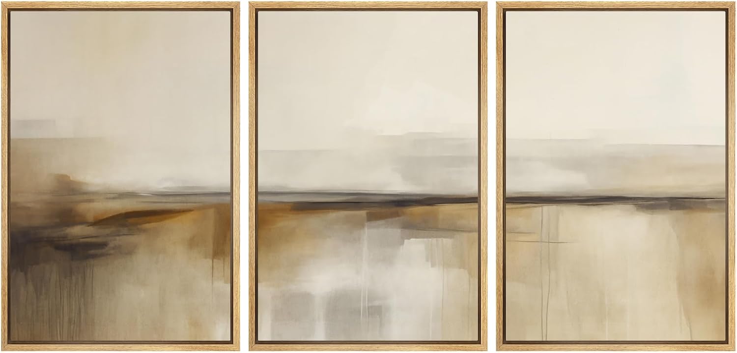 SIGNFORD Framed Canvas Print Wall Art Set Desert Haze Abstract Neutral Beige and Brown Illustrations Modern Art Relax/Calm for Living Room, Bedroom, Office - 24'x36'x3 Natural
