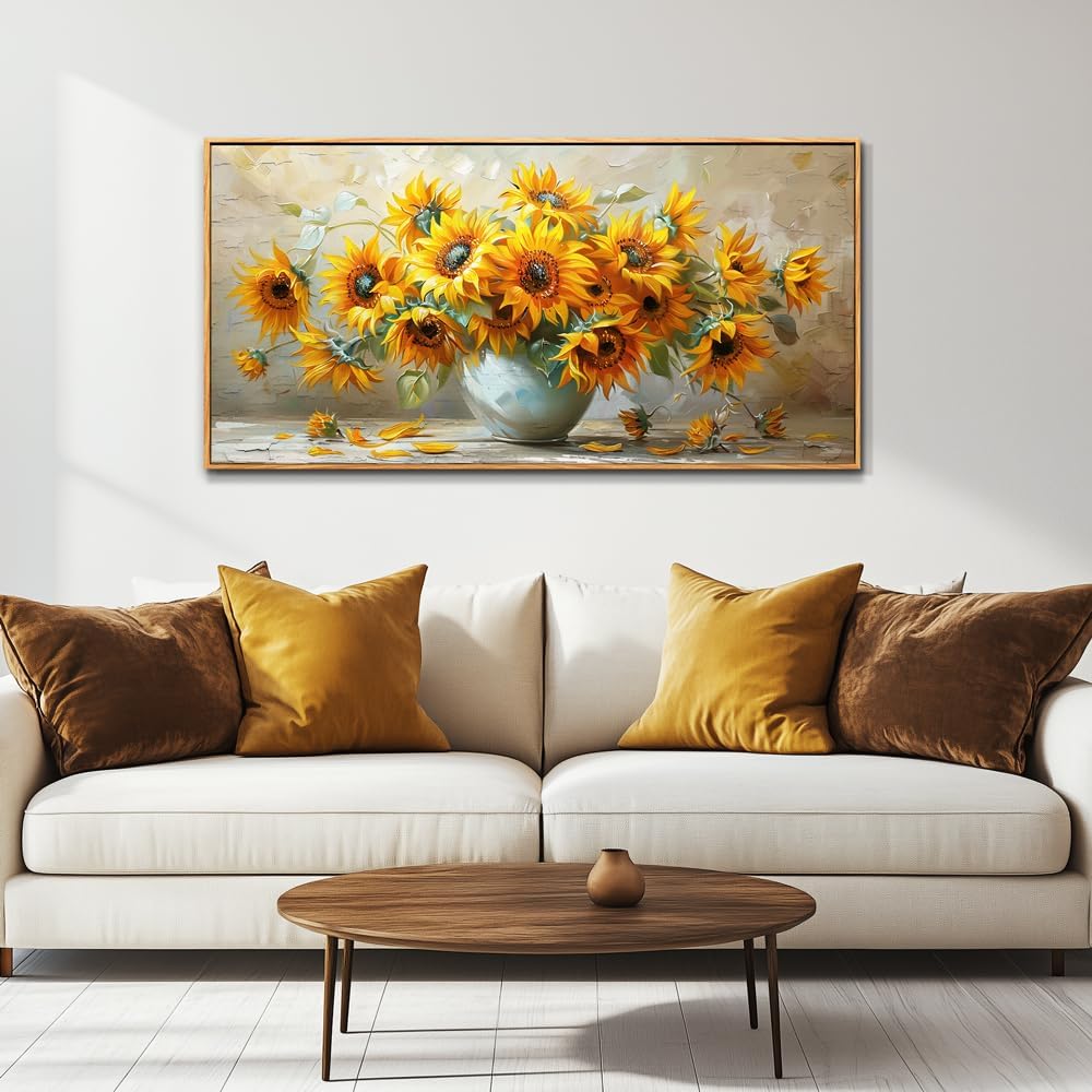 PHAOHUAXM Large Canvas Wall Decor For Living Room Wall Art Vintage Printing Yellow Flower Paintings Dining Room Bedroom Bathroom Kitchen Wall Painting Home Decor Wood Frame Ready To Hang 24x48 In