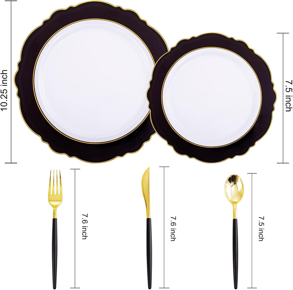 WDF 30Guest Black and Gold Plastic Plates - New Year Plates - Gold Plastic Silverware With Black Handle Baroque Black and Gold Disposable Dinnerware for New Year &Parties (Pack of 2)