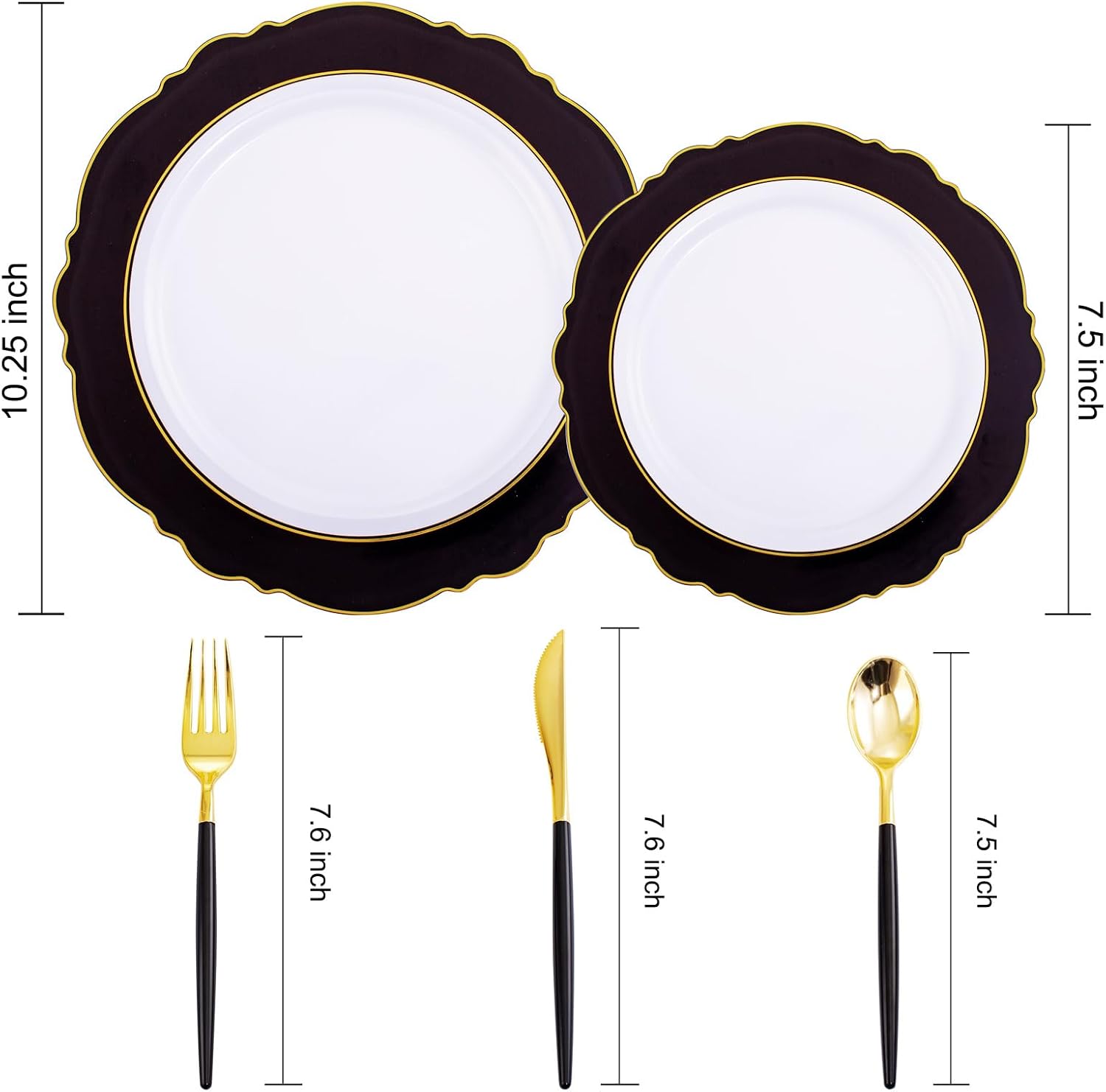WDF 30Guest Black and Gold Plastic Plates - New Year Plates - Gold Plastic Silverware With Black Handle Baroque Black and Gold Disposable Dinnerware for New Year &Parties (Pack of 2)