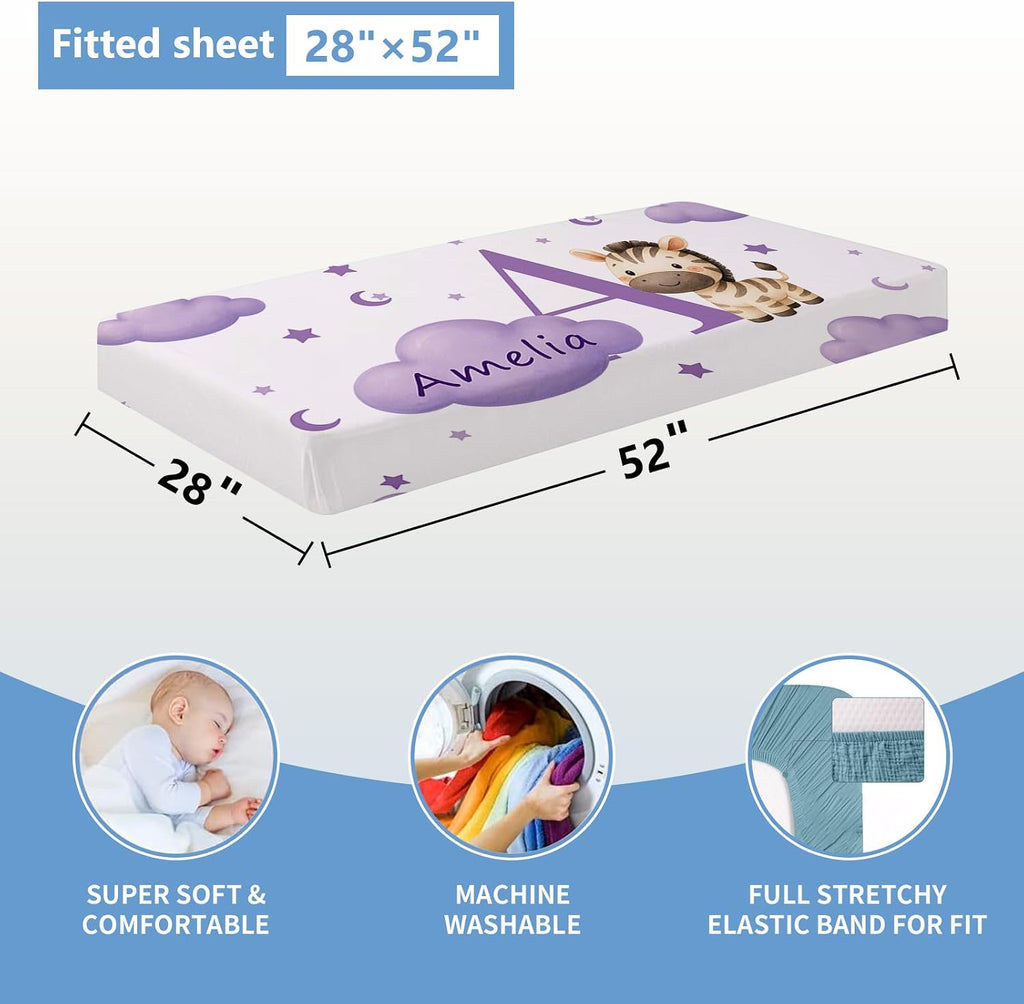 KAINSY Custom Crib Bedding Set, 5 Pcs Personalized Name Monogram Baby Crib Sets for Infants Toddlers, Purple Zebra Nursery Bedding Set for Boys Girls, Double Layer Baby Bedding Sets Customized Gifts