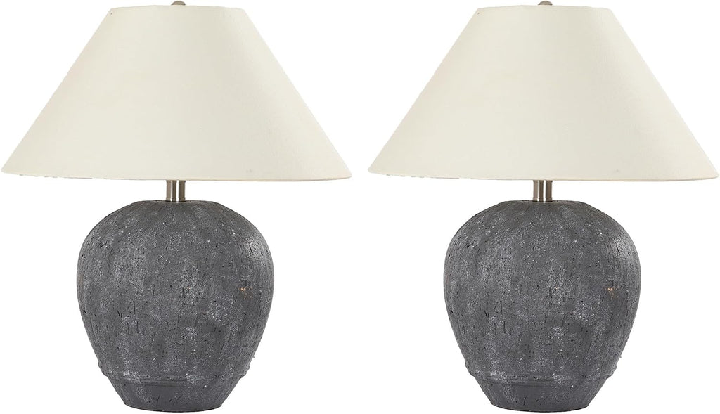 Pia Ricco 21'' Large Gray Base Ceramic Basin Table Lamp Set of 2 for Bedroom, Living Room, Dining Room, Office, White Shade