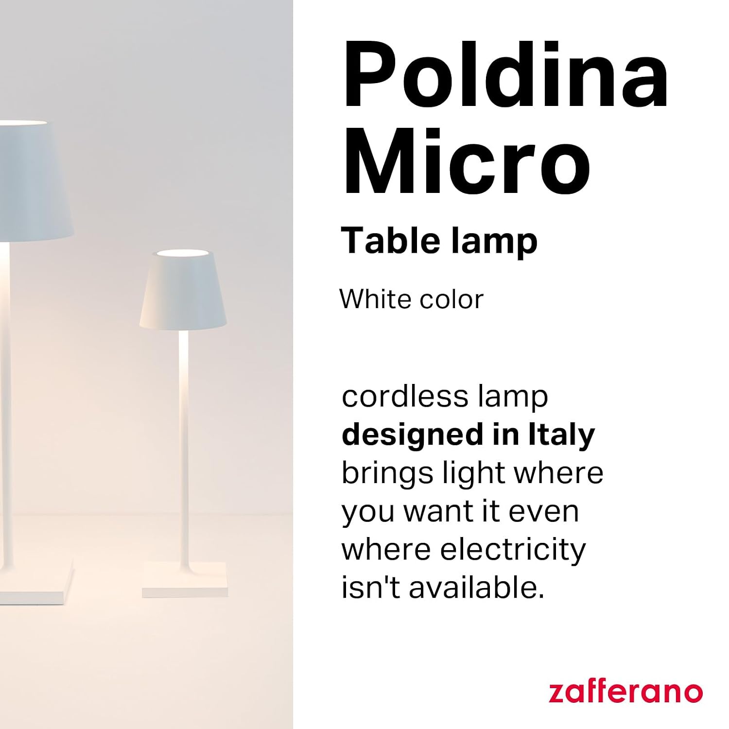 Zafferano, Poldina Micro Lamp, Rechargeable Cordless Table Lamp with Touch Controls, Suitable for Indoor and Outdoor, Dimmer, 2200-3000 K, Height 10.8 Inches, White Color