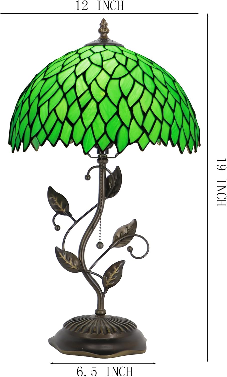Tiffany Table Lamp, Stained Glass Desk Light, W12H19 Inch, Metal Leaf Base (Green Wisteria)