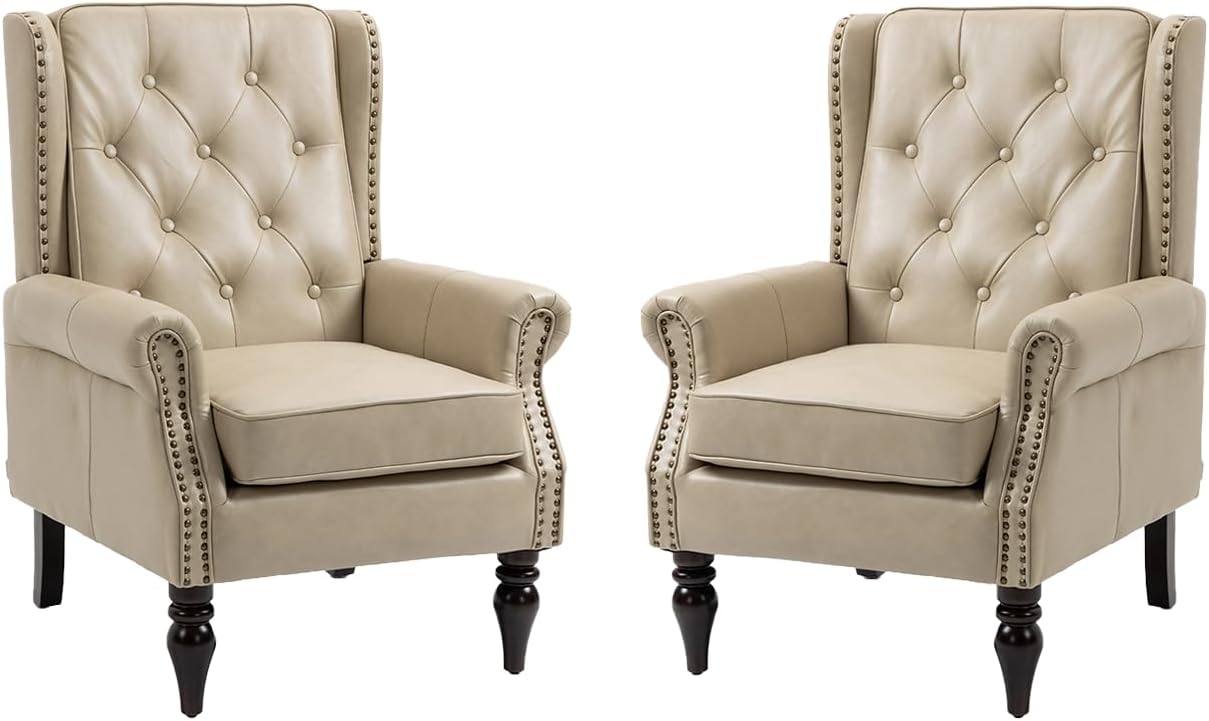 Mid-Century High Wingback Chair Set of 2,Faux Leather Accent Chair Armchair with Buttons,Modern Living Room Chairs with Rivet Decoration,Leisure Single Sofa Chair for Bedroom,Home Reception,Camel