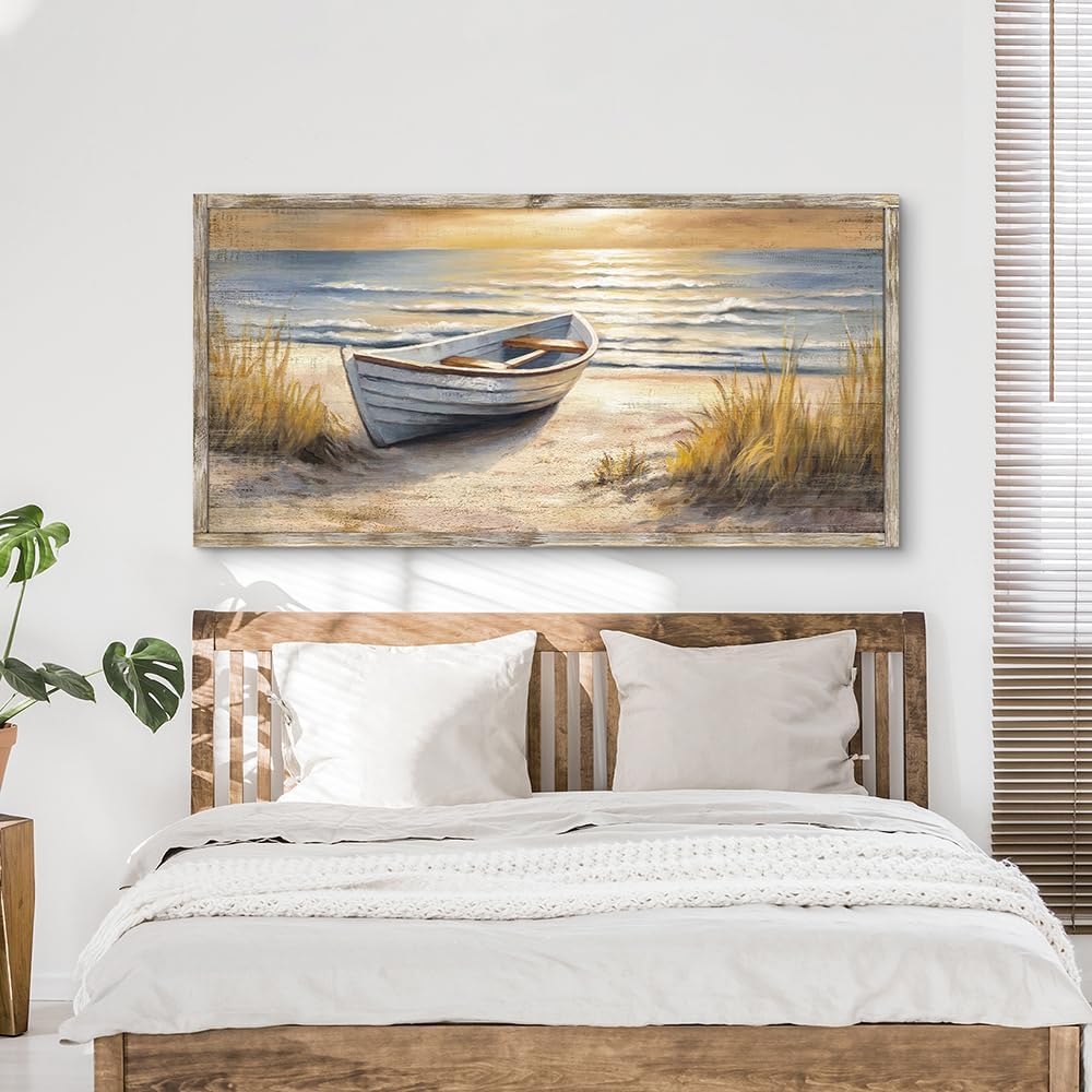 Beach Framed Wall Art Painting: Coastal Ocean Sunset Wooden Artwork Sea Boat Nautical Picture Seaside Seashore Seascape Print Decor for Bedroom Living Room Office