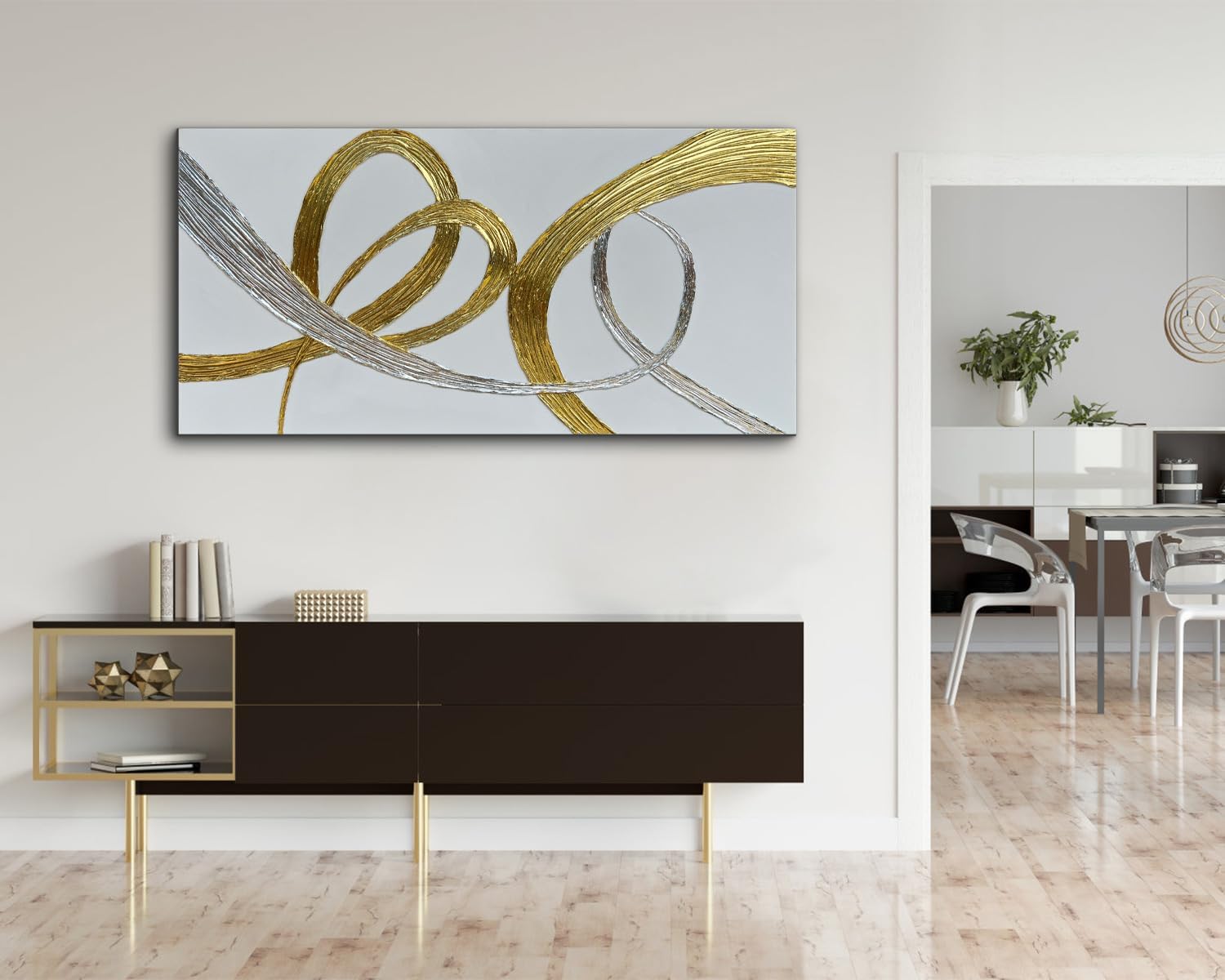 Creespi Hand-Painted Gold And Silver Foil Textured Wall Art,Abstract Oil Painting On Canvas 24x48 inch,Contemporary Minimalist Art Painting for Home Wall Décor