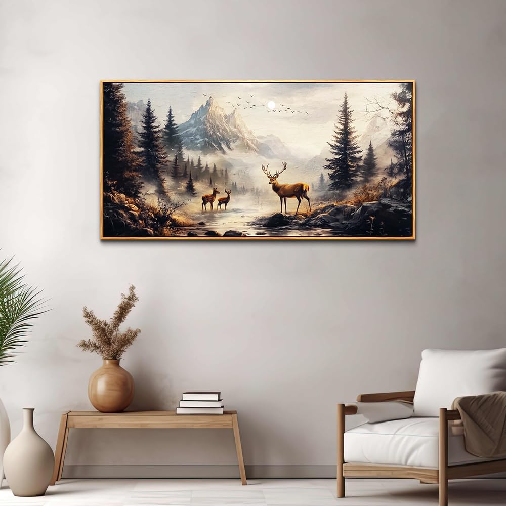 KELIYUAN Large Canvas Wall Decor For Living Room Wall Art For Bedroom Office Murals Landscape Painting Of Elk Mountain Wall Pictures Restaurant Room Modern Home Decoration Wood Framed 24'X48'