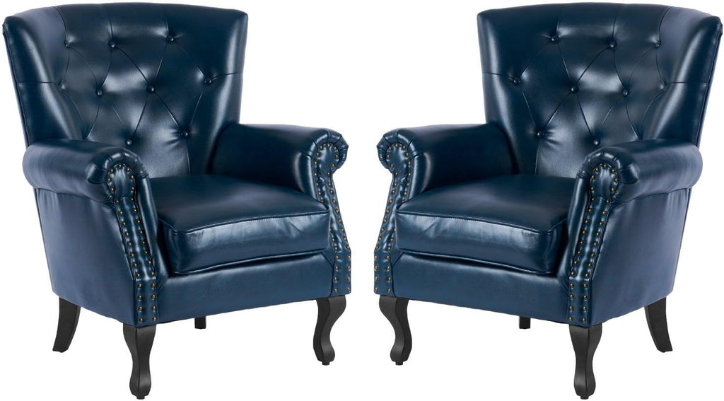 MOJAY PU Leather Accent Chair Set of 2, Mid-Century Modern Armchair Living Room Club Chair with Tufted Button & Rivet Trim, Upholstered Sofa Chair with Sturdy Wood Legs for Bedroom (Navy)
