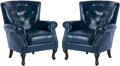 MOJAY PU Leather Accent Chair Set of 2, Mid-Century Modern Armchair Living Room Club Chair with Tufted Button & Rivet Trim, Upholstered Sofa Chair with Sturdy Wood Legs for Bedroom (Navy)