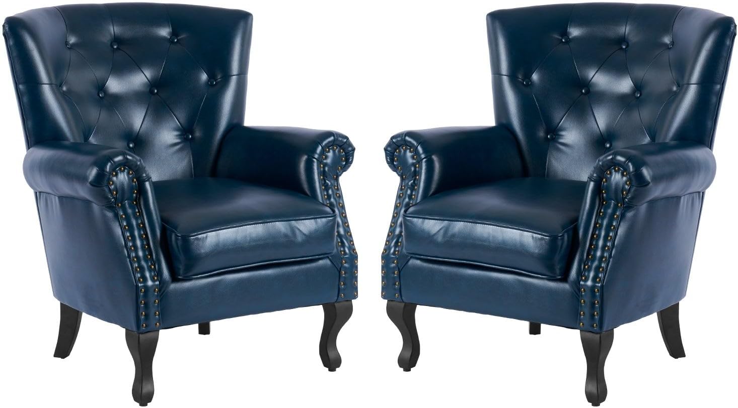 MOJAY PU Leather Accent Chair Set of 2, Mid-Century Modern Armchair Living Room Club Chair with Tufted Button & Rivet Trim, Upholstered Sofa Chair with Sturdy Wood Legs for Bedroom (Navy)