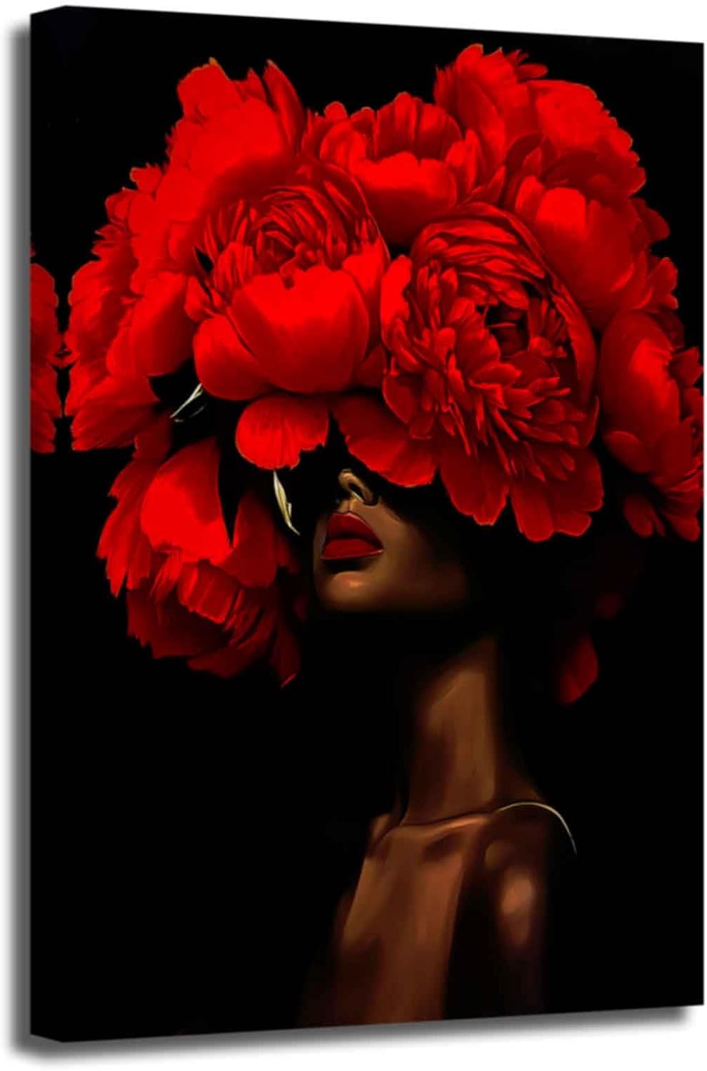 ZSHARTSWD African American Canvas Wall Art Black Woman with Flowers on Head Picture Abstract Black Girl Painting Prints for Girls Room Bathroom Decor Framed (Red, 42L x 28W)