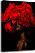 ZSHARTSWD African American Canvas Wall Art Black Woman with Flowers on Head Picture Abstract Black Girl Painting Prints for Girls Room Bathroom Decor Framed (Red, 42L x 28W)