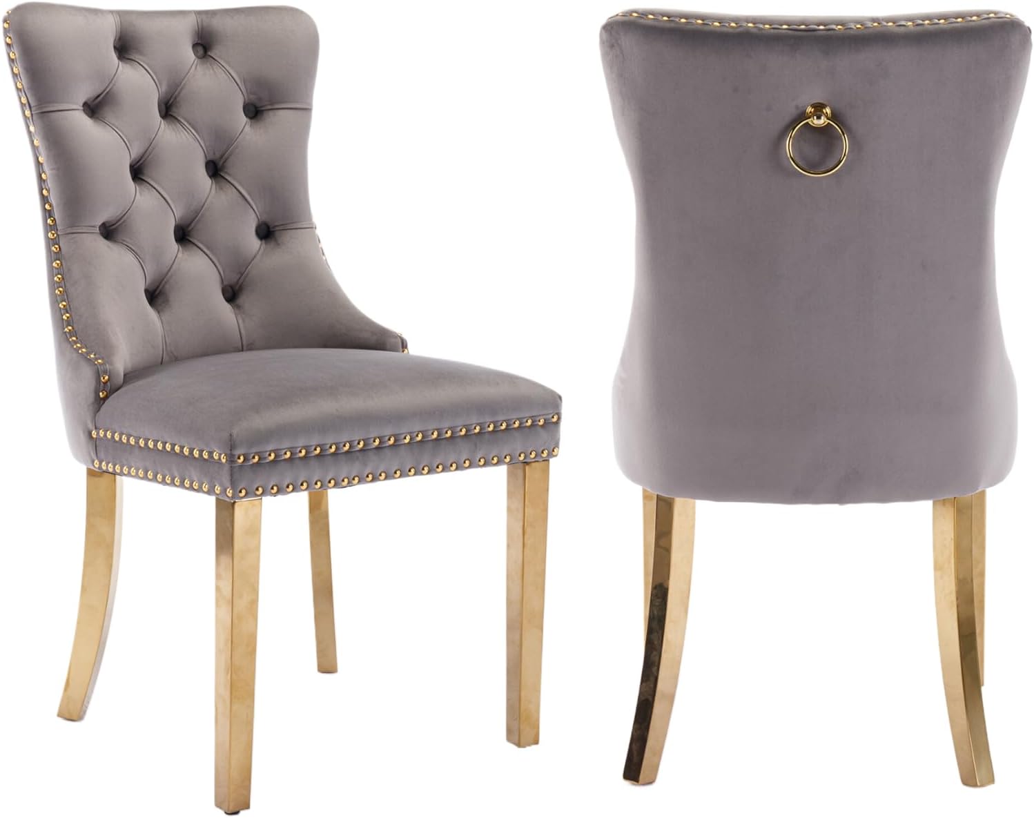 2 Piece Contemporary Velvet Upholstered Dining Chair with Chrome Stainless Steel Plating Legs, Nail Head Decro, Armless Tufted Dining Chair Fabric Dining Room Chair (Gray&Gold, Set of 2)