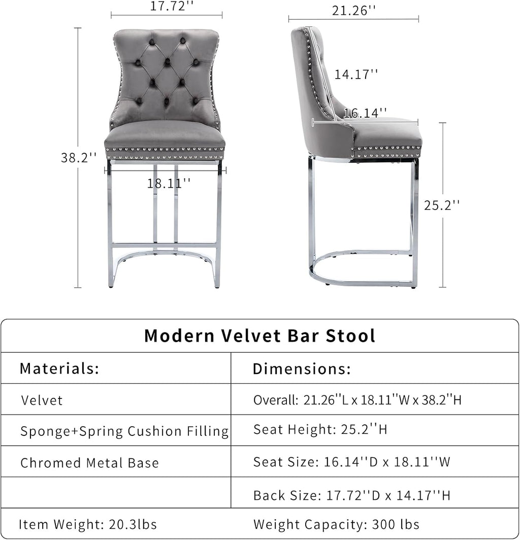 25' Counter Height Bar Stools Set of 6, Velvet Counter Stools for Kitchen Island, Tufted High Chair with Backs, Fabric Upholstered Modern Barstools for Pub Cafe, Chromed Metal Legs (Gray, 6Pcs)