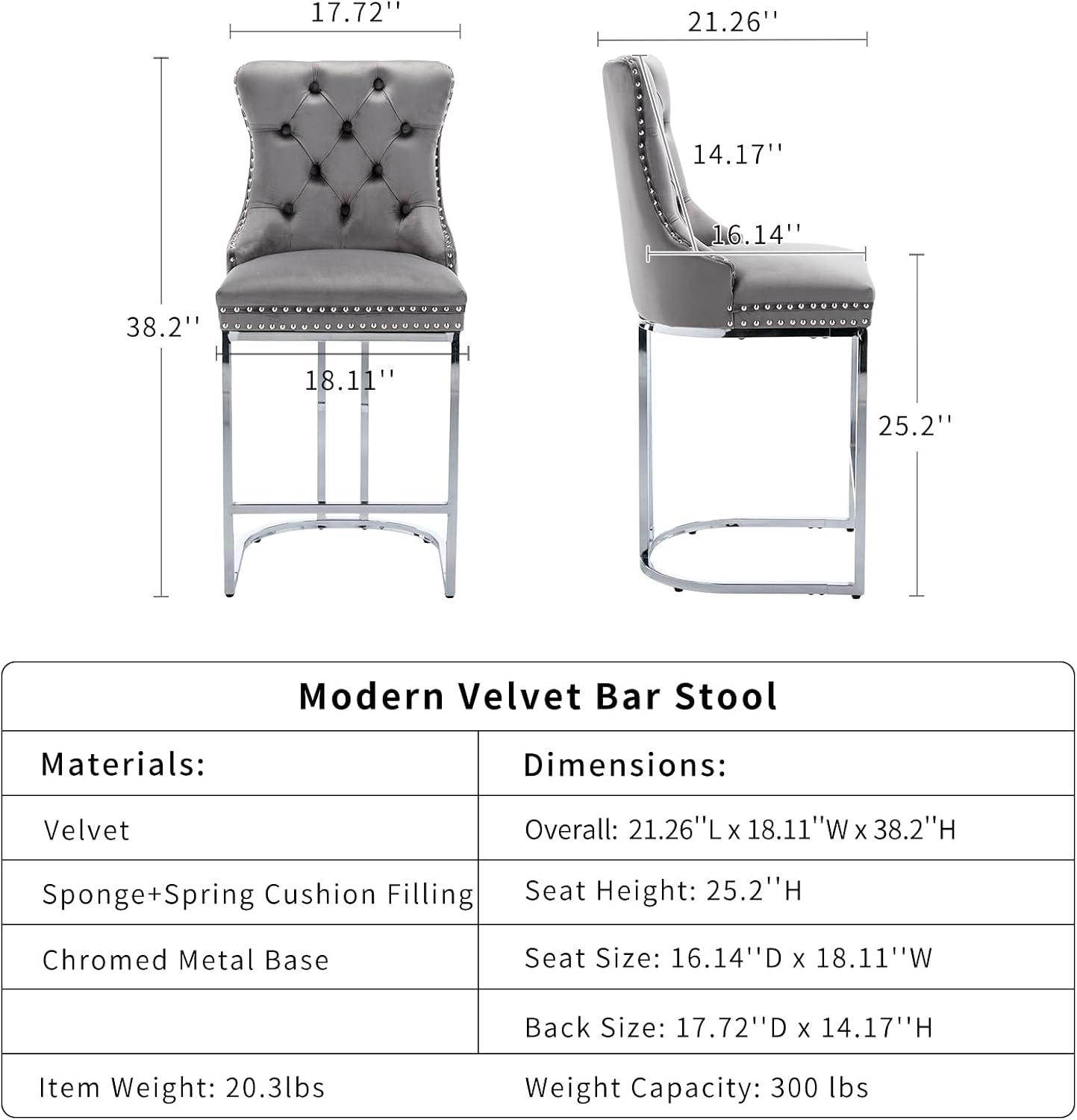 25' Counter Height Bar Stools Set of 6, Velvet Counter Stools for Kitchen Island, Tufted High Chair with Backs, Fabric Upholstered Modern Barstools for Pub Cafe, Chromed Metal Legs (Gray, 6Pcs)