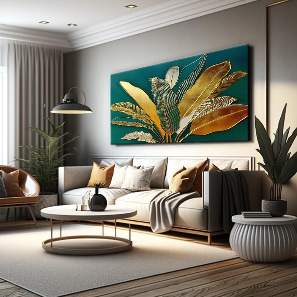 IDAFU Green Leaf Wall Art, Green and Gold Leaves Wall Painting, Emerald Green Tropical Botanical Décor Canvas Prints, Abstract Sage Boho Painting for Office Home Décor, Ready to Hang 60L x 30W