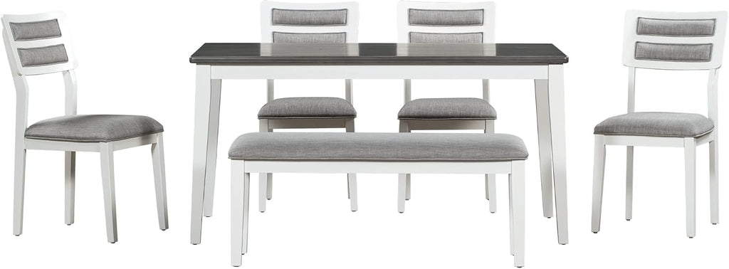 Rustic Farmhouse 6-Piece Kitchen Dining Table Set, Solid Wood Dining Room Set of 6, Classic 60'' Rectangular Table with 4 Upholstered Padded Chairs and Bench (White-3)
