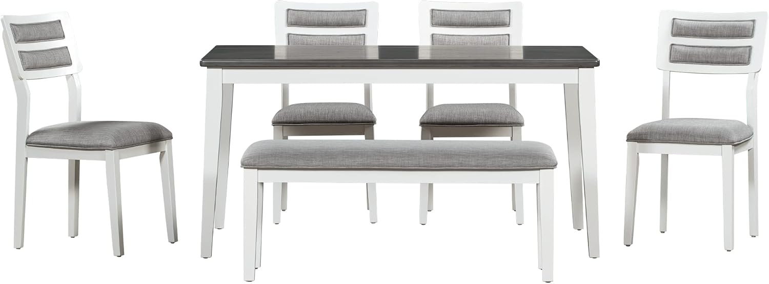 Rustic Farmhouse 6-Piece Kitchen Dining Table Set, Solid Wood Dining Room Set of 6, Classic 60'' Rectangular Table with 4 Upholstered Padded Chairs and Bench (White-3)