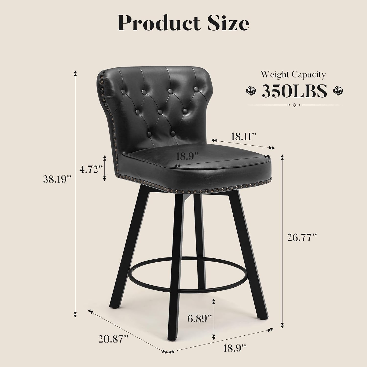 Counter Height Bar Stools, 26' Mid-Century Swivel Bar Stool with Metal Base for Kitchen Island, Rivet Armless Faux PU Leather Barstool with High Back and Large Thick Cushion, Black