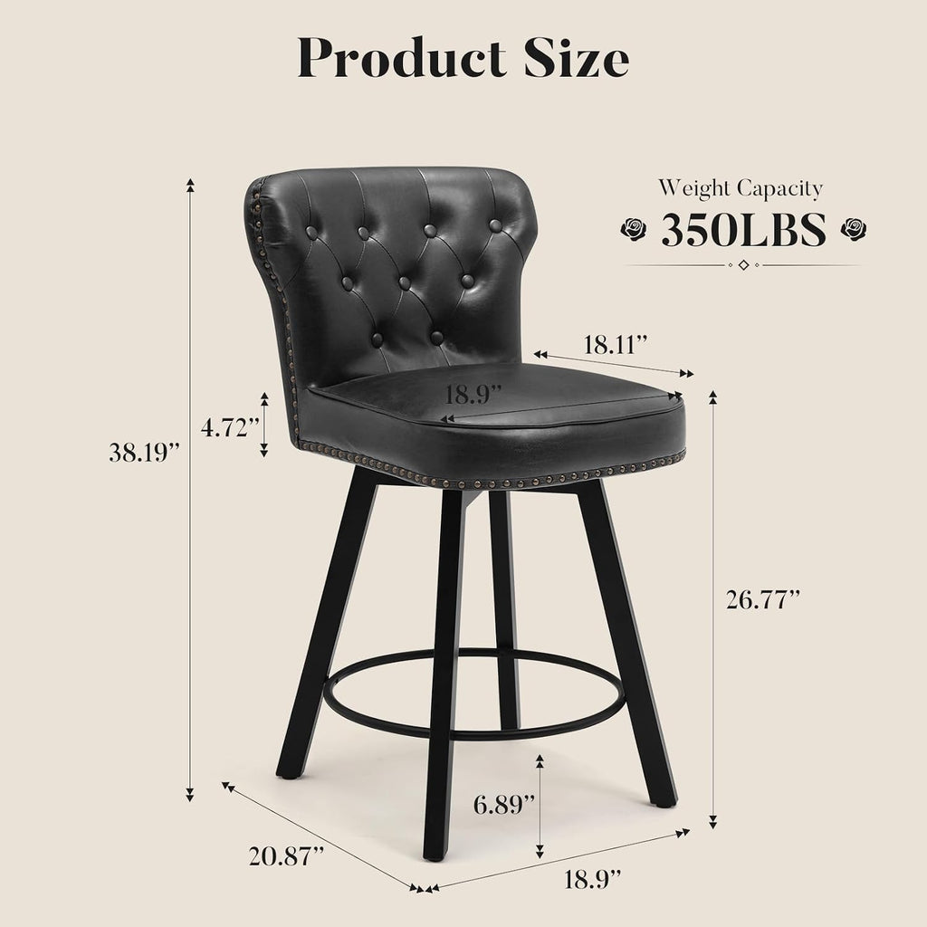 Counter Height Bar Stools Set of 4, Retro Stools for Kitchen, Swivel Bar Stool with Adjustable Metal Base, Rivet Armless PU Leather Barstool with High Back, Thick Wide Seat Cushion(Black)