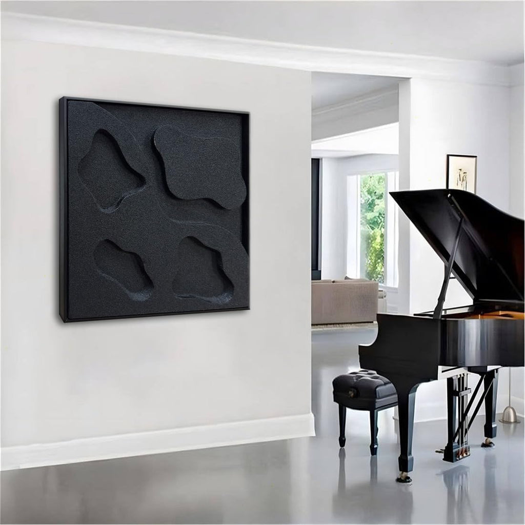 Slyart Black Textured Wall Art, Handmade Abstract 3D Minimalist Plaster Paintings, Wabi-Sabi Wall Art 24x24 Inch
