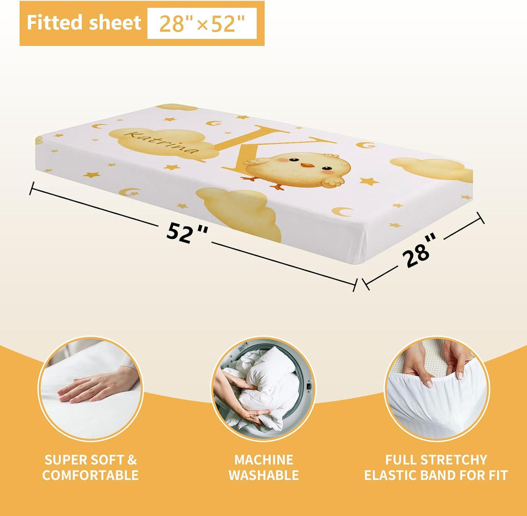 Terwex Personalized Crib Bedding Set, 5 Pcs Custom Nursery Bedding Sets with Name, Infant Bedding Set for Baby Girl Boy, Yellow Chick Double Layer Baby Crib Set, Toddlers Babies Kids Customized Gifts